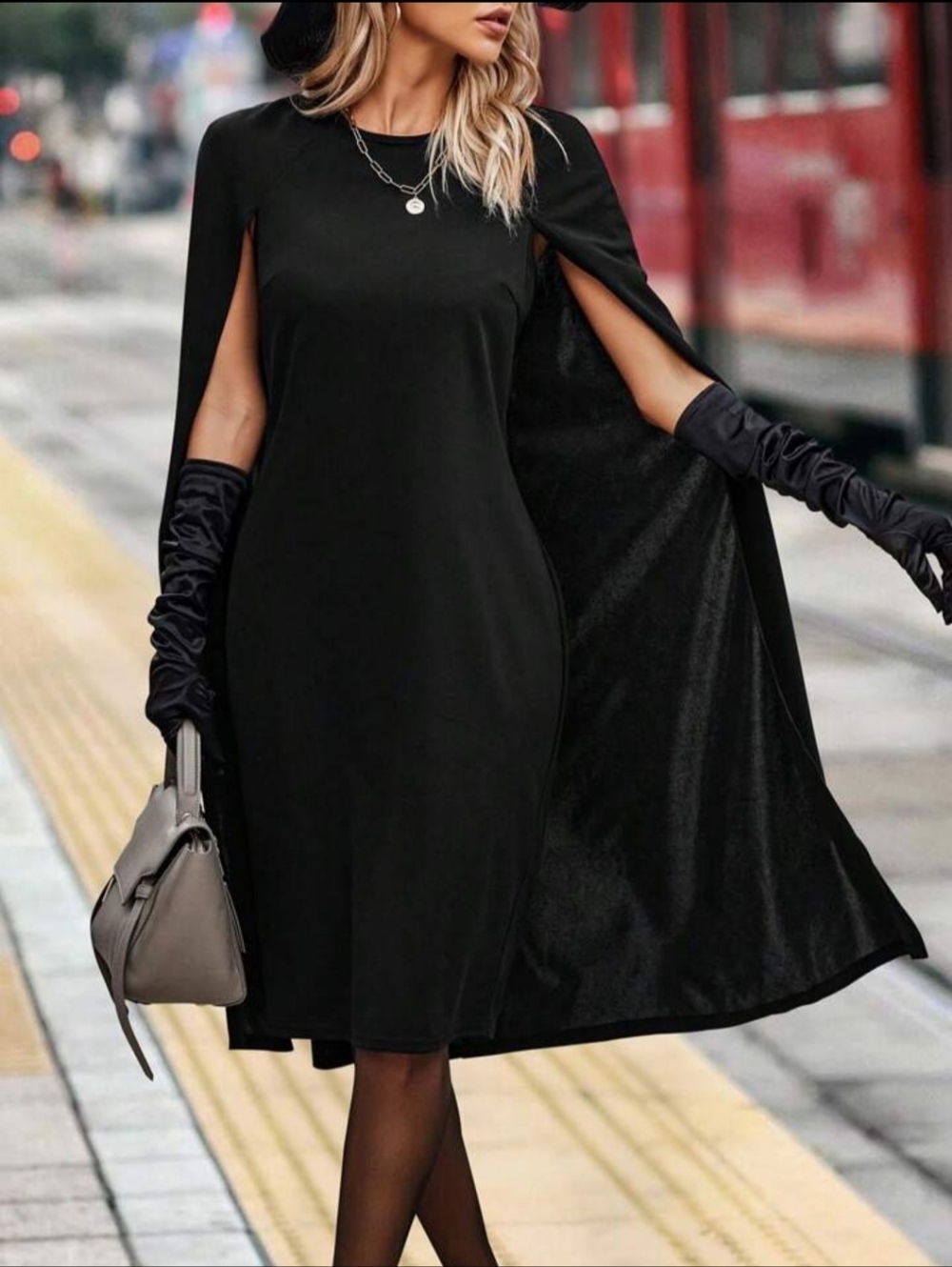 NWOT Womens Elegant Black Split Cape Sleeve Midi Dress - S- Cocktail, Formal